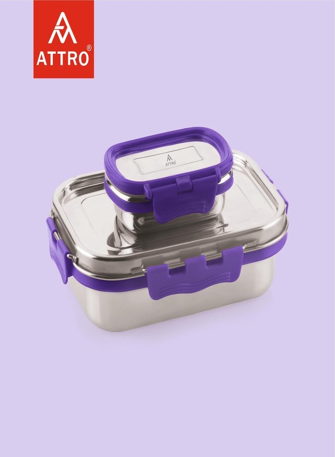 ATTRO Shine Medium Stainless Steel Lunch Box 2-Piece Set - 800ml + 150ml - Leak-Proof, BPA-Free, Compact & Durable - Ideal for Kids, Office, Travel - Purple - Image 4